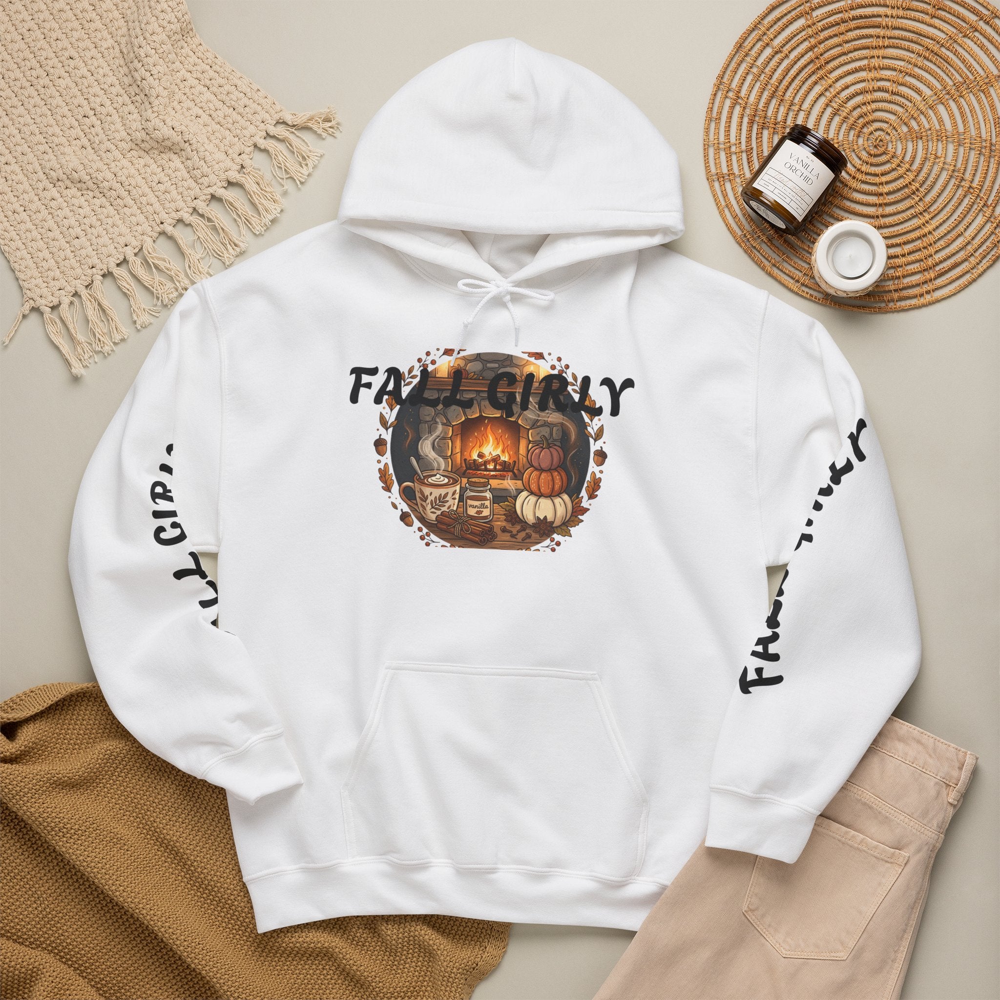Fall Girly Hoodie – Cozy Pumpkin & Fireplace Autumn Sweatshirt
