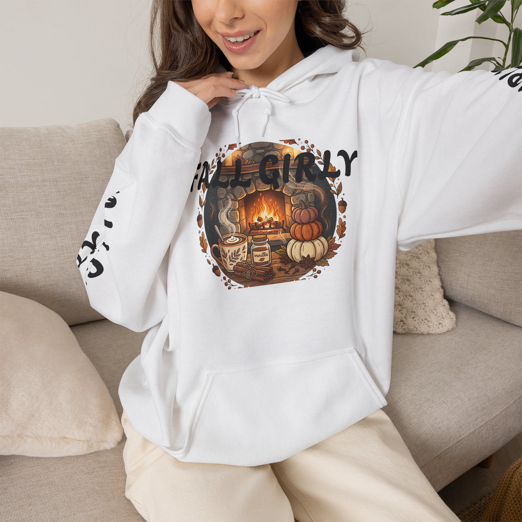Fall Girly Hoodie – Cozy Pumpkin & Fireplace Autumn Sweatshirt